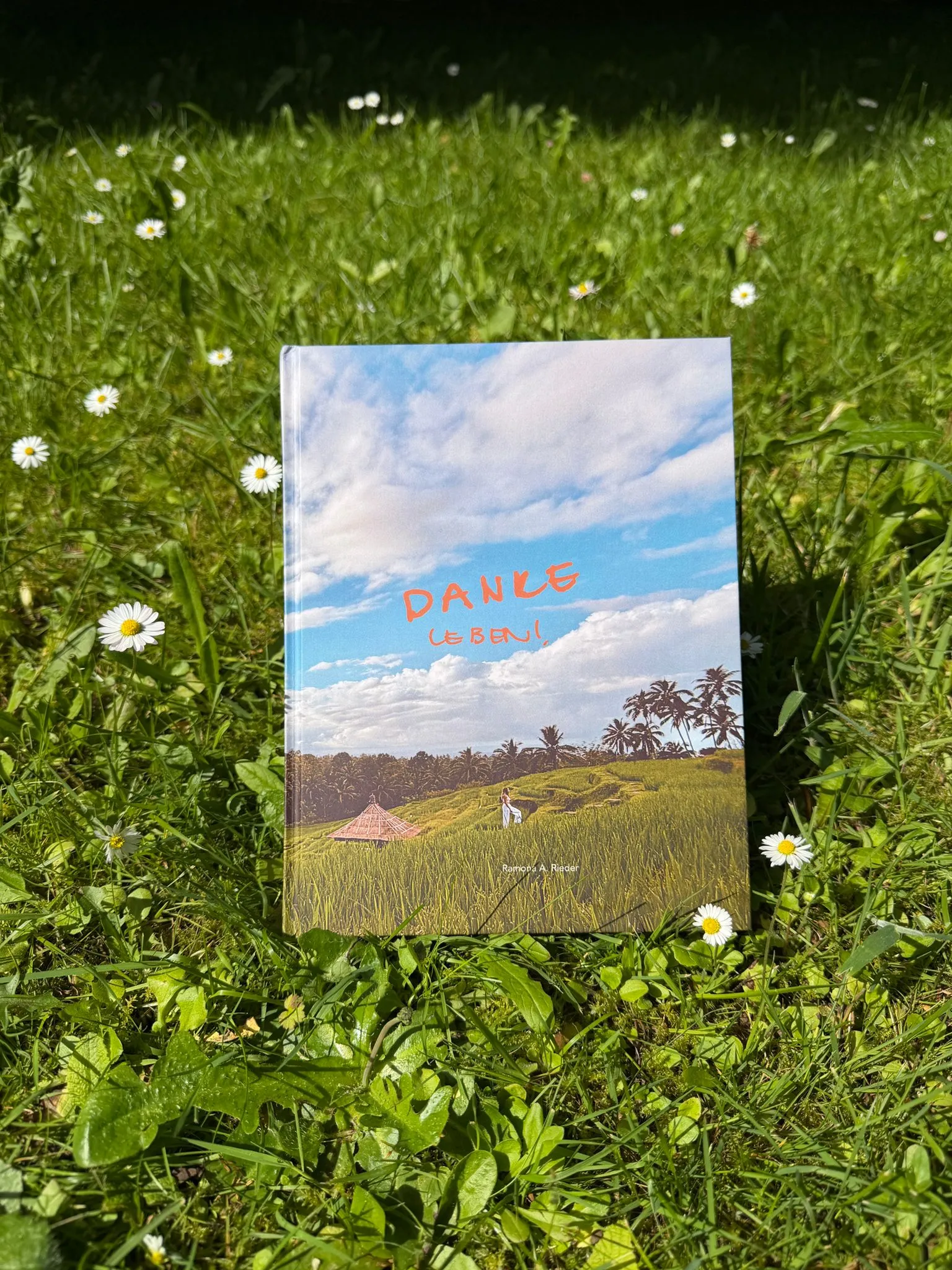 Das Buch Danke Leben! von Ramona A. Rieder im Gras.